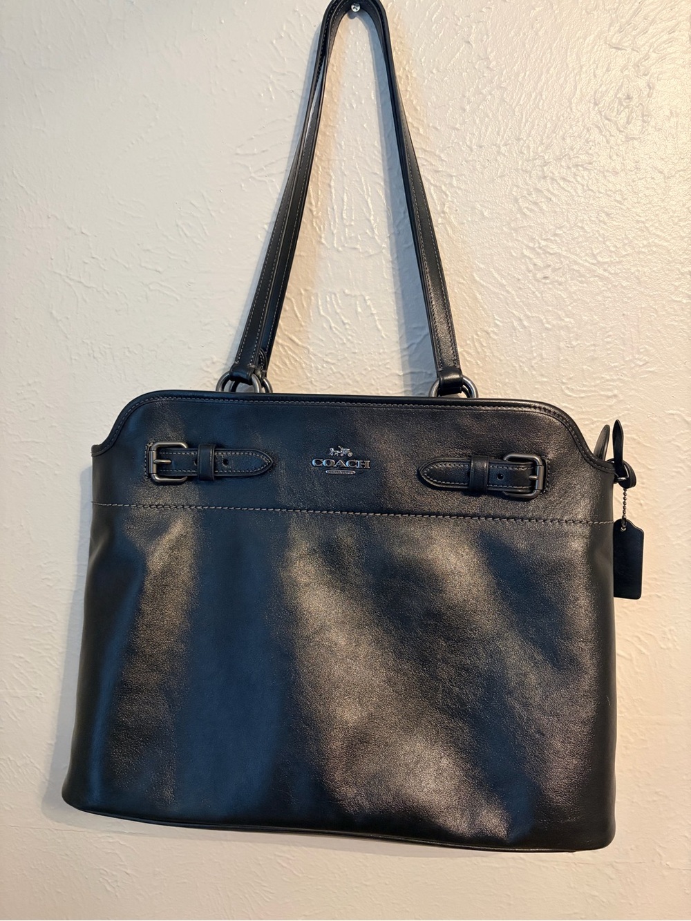 COACH Black Leather Shoulder Tote with Buckle Accents